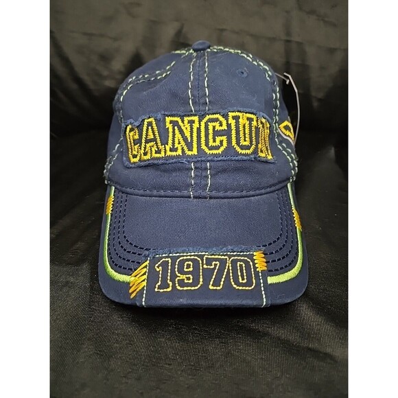 Cancun 1970  Navy/Yellow Green Stitching Adjustable Trucker Cap Hat Banana Bay - Picture 1 of 6